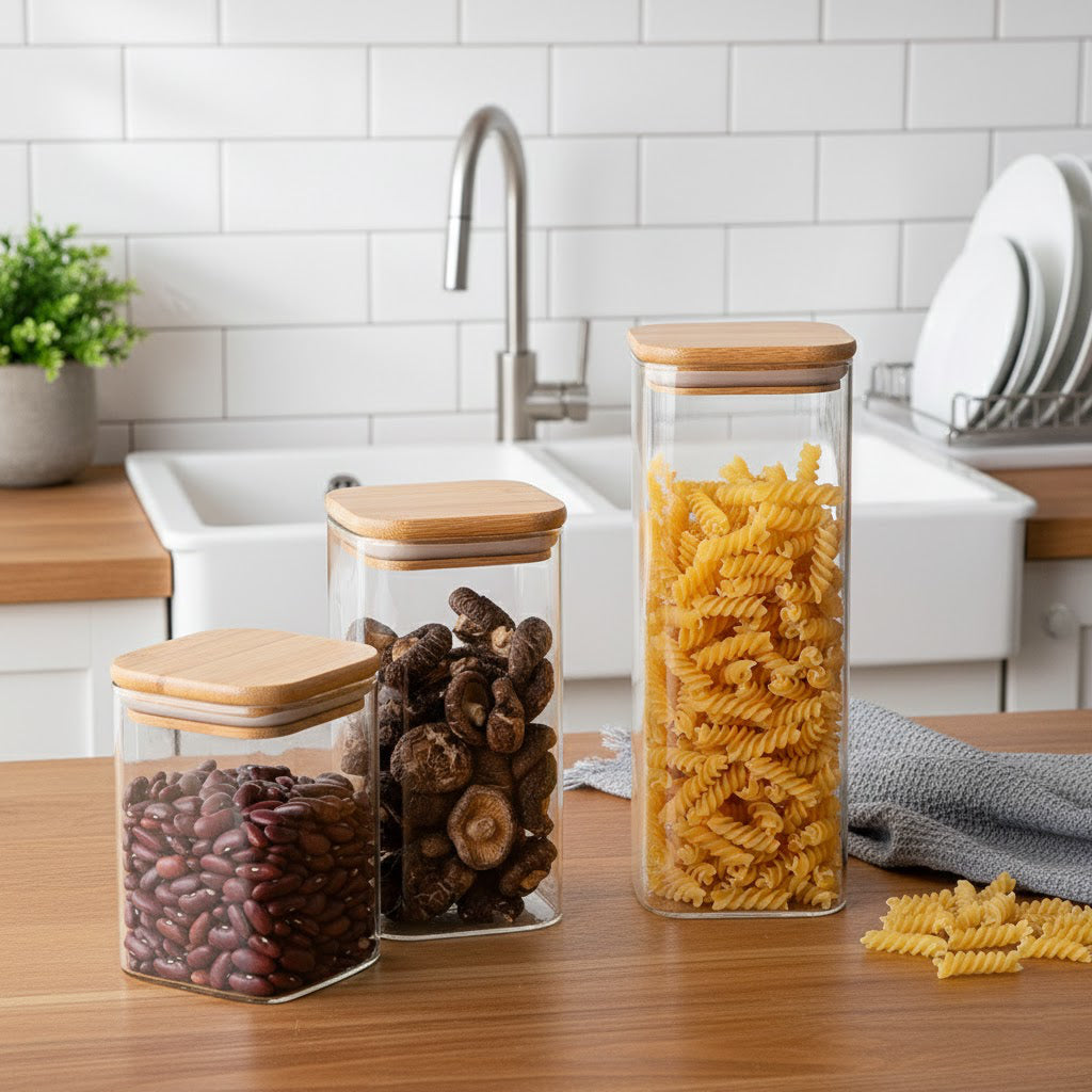 Minimalist Borosilicate Glass Jars with Natural Bamboo Lids